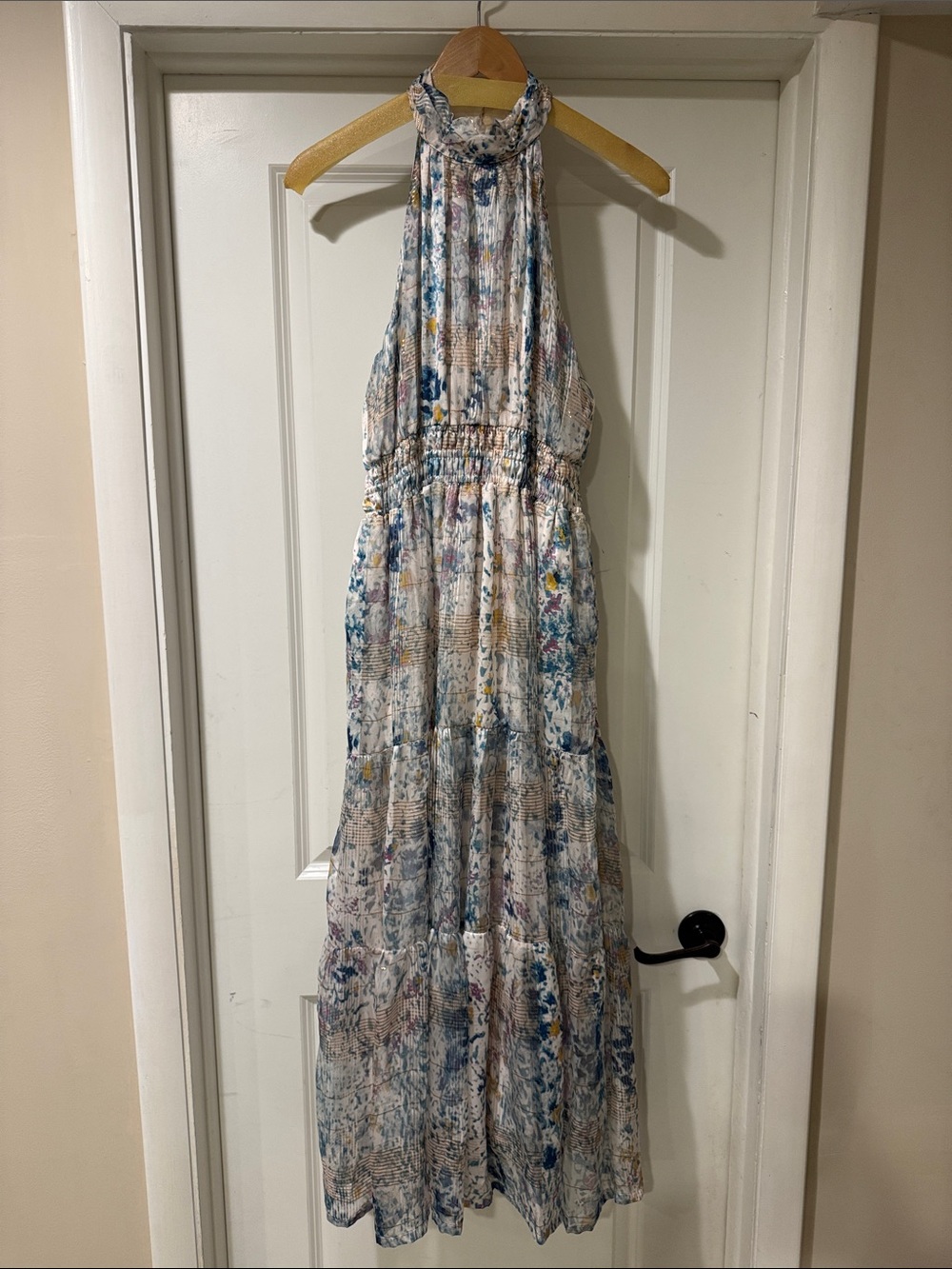 Anthropologie Somerset Floral Halter Maxi Dress in Cream, Blue and Tan